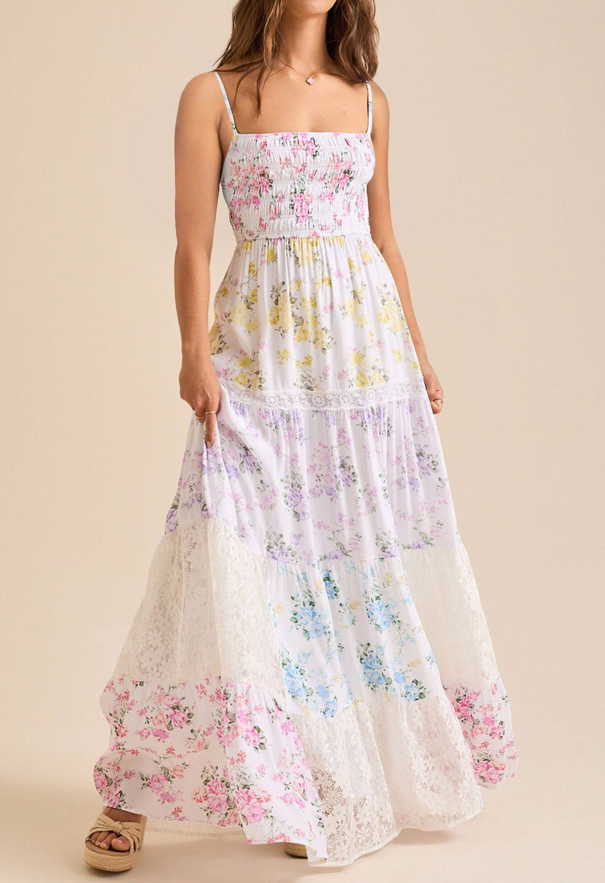 Delicate Floral Lace Panel Cami Shirred Maxi Dress for Seaside Vacations & Romantic Getaways | Chicwish