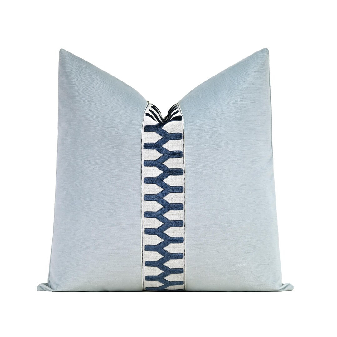 Striated Velvet Throw Pillow Cover: Spa Blue With Navy Blue Vertex Trim | Custom Sizes - Etsy | Etsy (US)