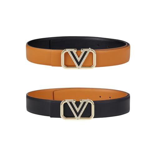 Women Reversible Leather Belt with Fashion V Gold Buckle for Dresses, Jeans, and Coats,width 1.3" | Amazon (US)