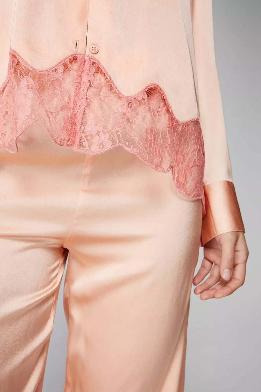 Satin Contrast Lace Long Sleeve Pajama Pants Set | Nasty Gal US