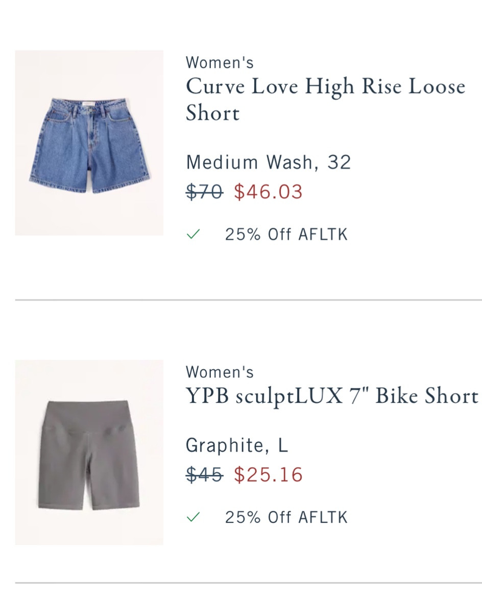 Abercrombie 25% off sale through LTK with code AFLTK

- loose shorts, size 32
- bike shorts, size L

#LTKsalealert #LTKcurves #LTKSale