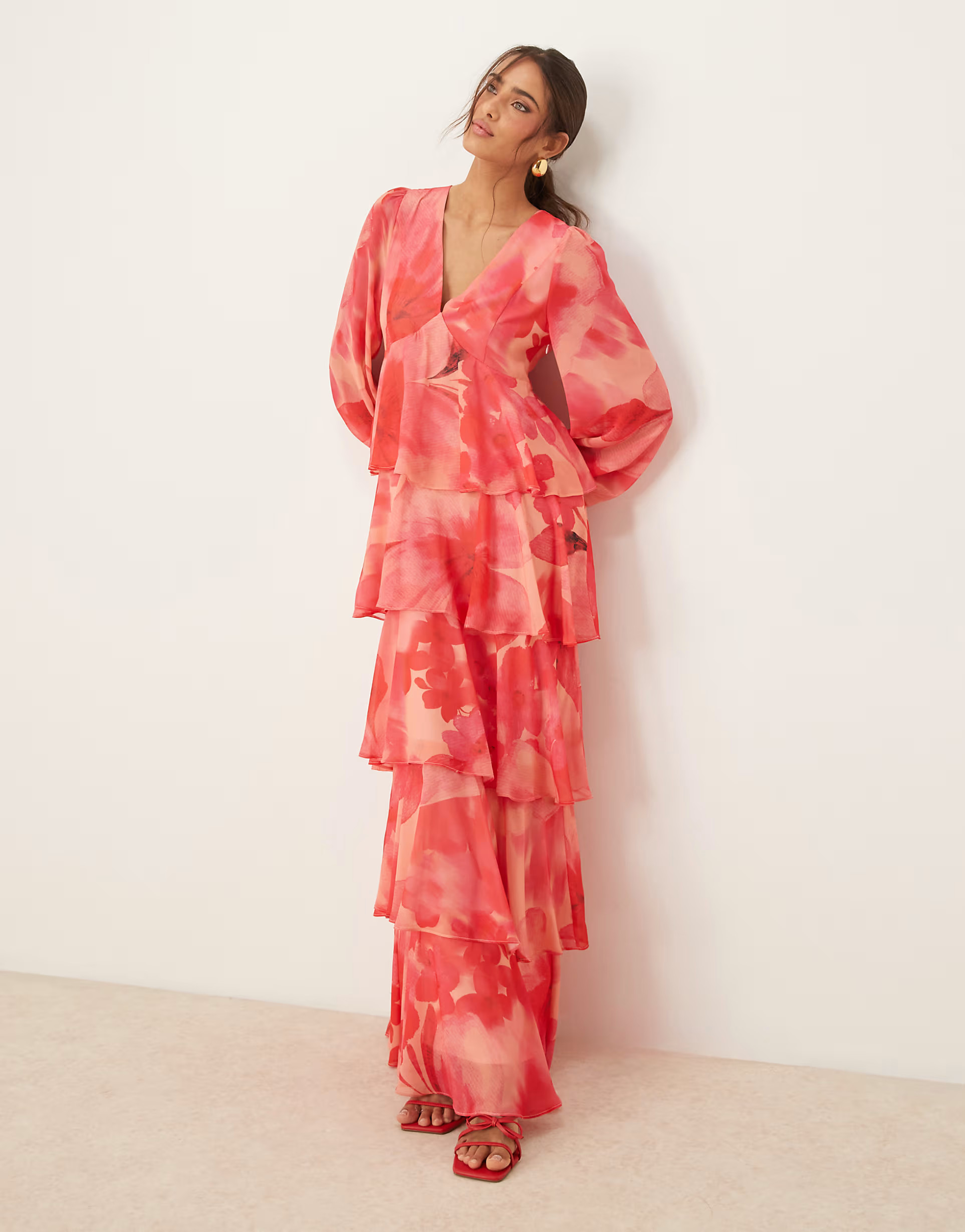 Pretty Lavish balloon sleeve ruffle maxi dress in pink and red | ASOS (Global)