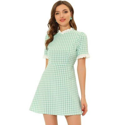 Allegra K Women's Summer Ruffle Neck Lace Panel Short Sleeve Check Gingham Dress Green Large | Target