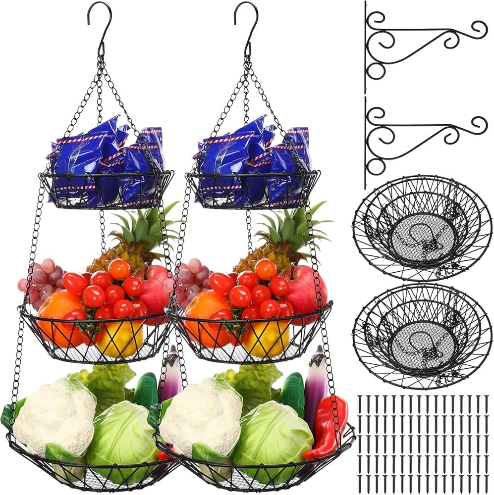 2 Pcs 3 Tier Hanging Fruit Basket 25 Inch Heavy Duty Wire Hanging Baskets Tiered Kitchen Fruit Or... | Amazon (US)