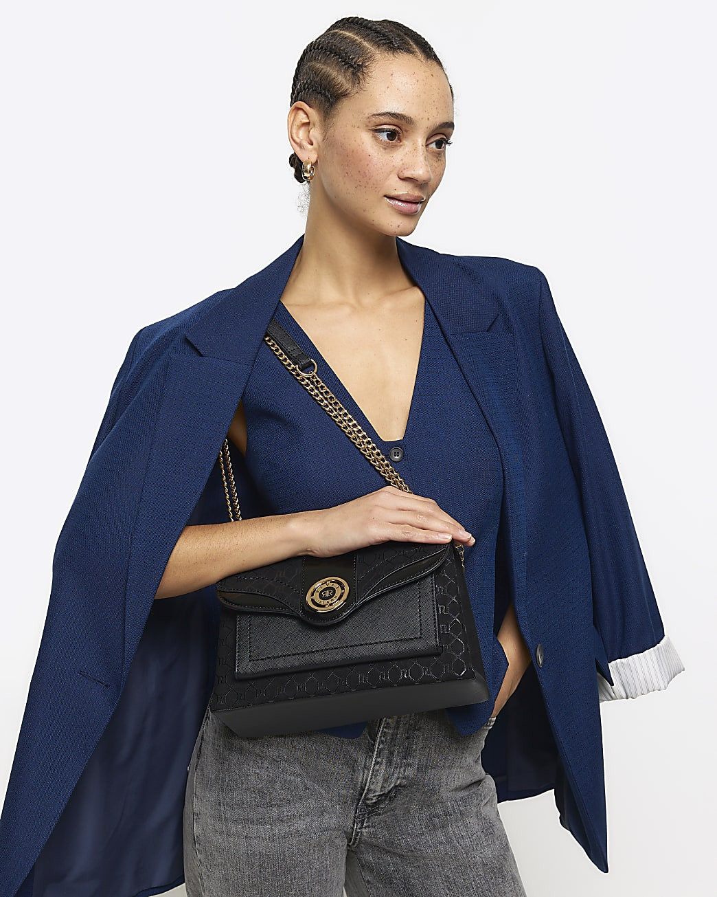 Black RI monogram chain shoulder bag | River Island (UK & IE)