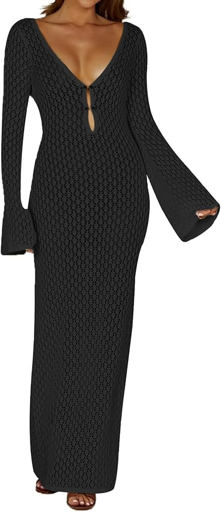 Leoparts Crochet Swimsuit Cover Up for Women Sexy V Neck Hollow Out Backless Maxi Dress Beach Bik... | Amazon (US)