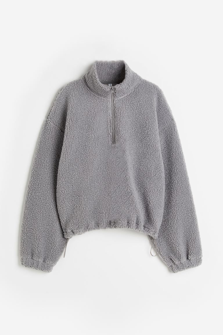 Half-zip Teddy Fleece Sweatshirt - Light gray - Ladies | H&M US | H&M (US + CA)