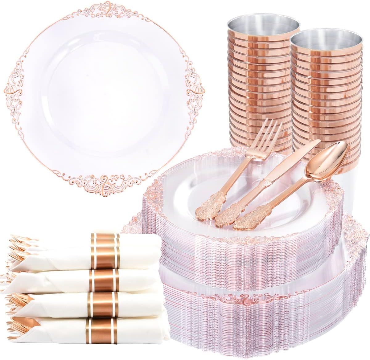 Nervure 350PCS Rose Gold Plastic Plates - Clear Rose Gold Disposable Plates for 50Guests - 50Dinn... | Amazon (US)