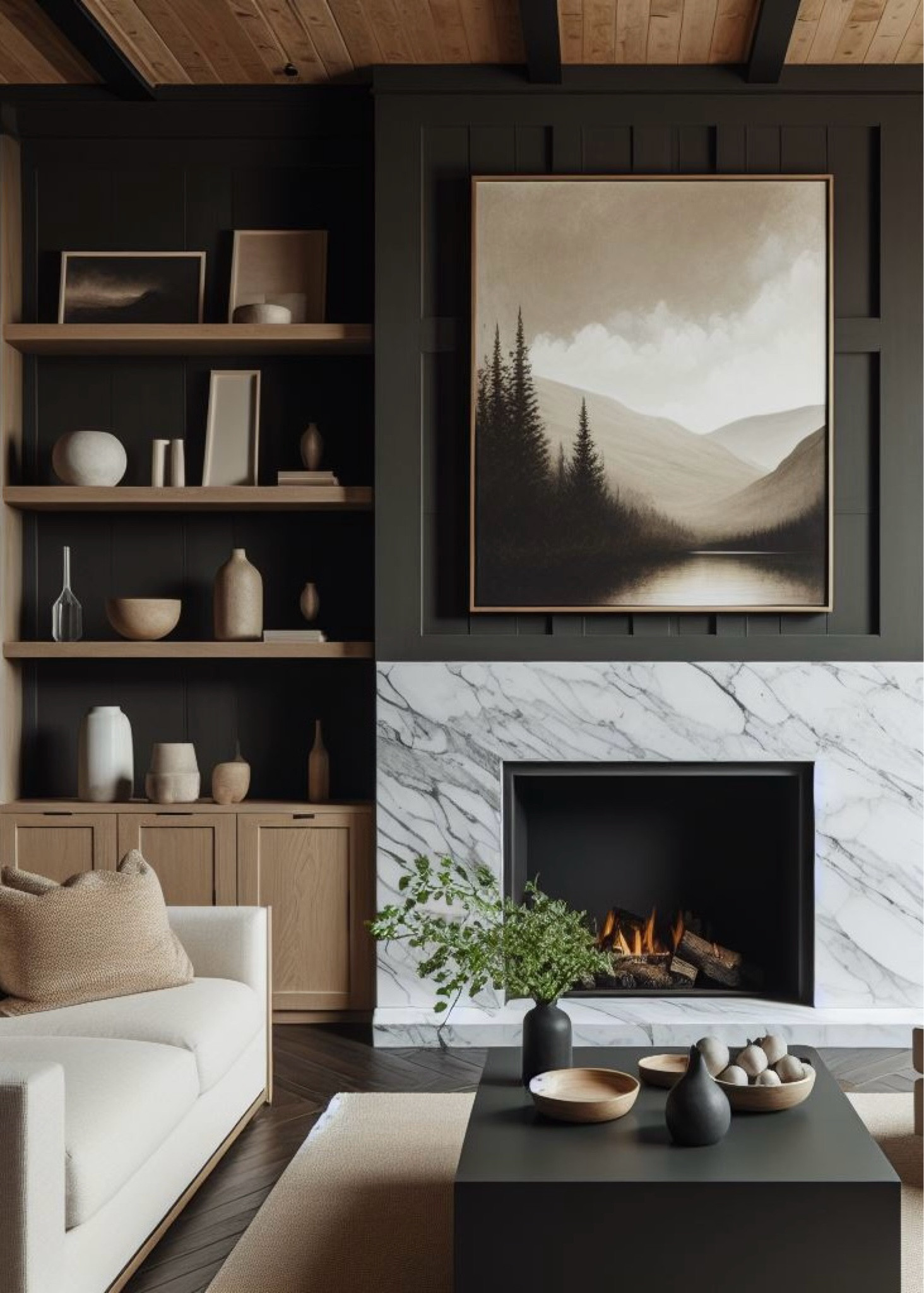 Wam & moody- a beautiful combination ✔️ Loving the contrast in this living room design. | moody interior, stone fireplace, wood shelves, built ins, light sofa, coffee table, earthenware, modern organic |

#LTKHome