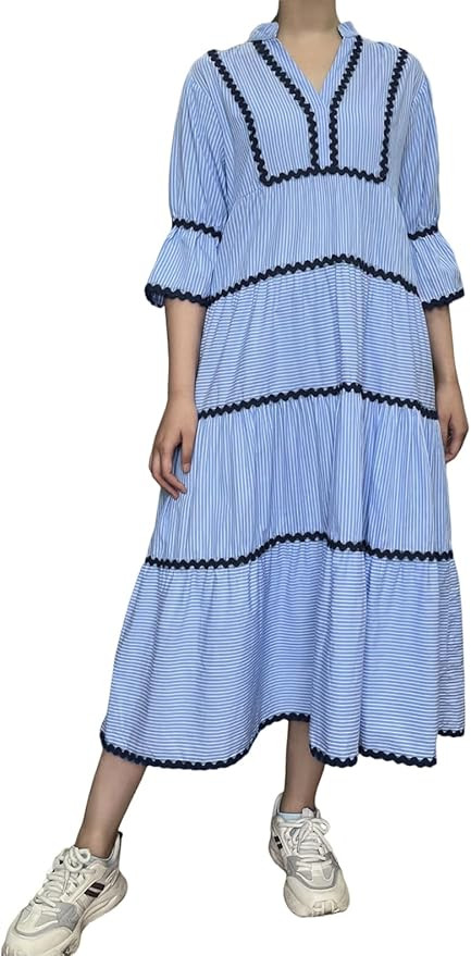 utcoco Women's Summer Beach Vacation Boho Striped RIC Rac Dress Flutter 3/4 Sleeve Tiered A Line ... | Amazon (US)