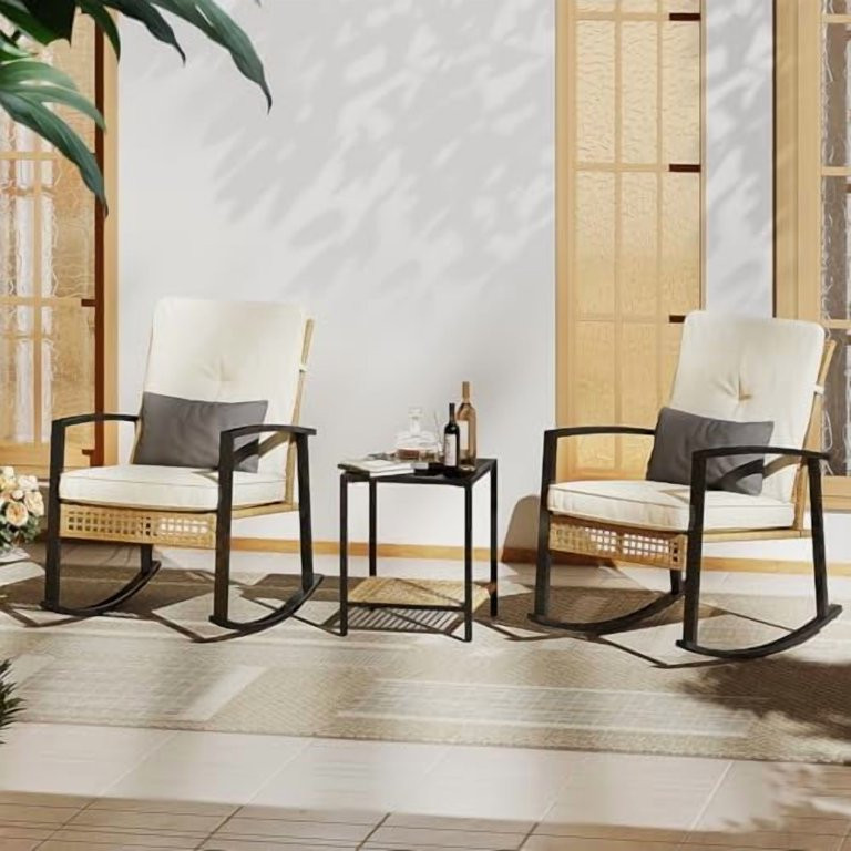 3 Pieces Outdoor Rocking Chairs Set of 2 with Thick Cushions and 2-Tier Coffee Table,  Rocking Ch... | Walmart (US)