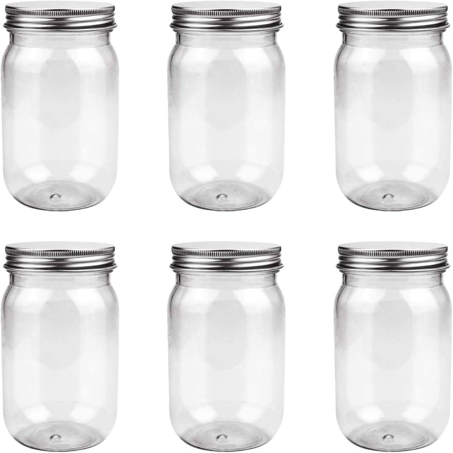 6 Pack 16 Ounce Clear Plastic Mason Jars Containers With Screw Sealing Metal Tinplate Lids,Refill... | Amazon (US)