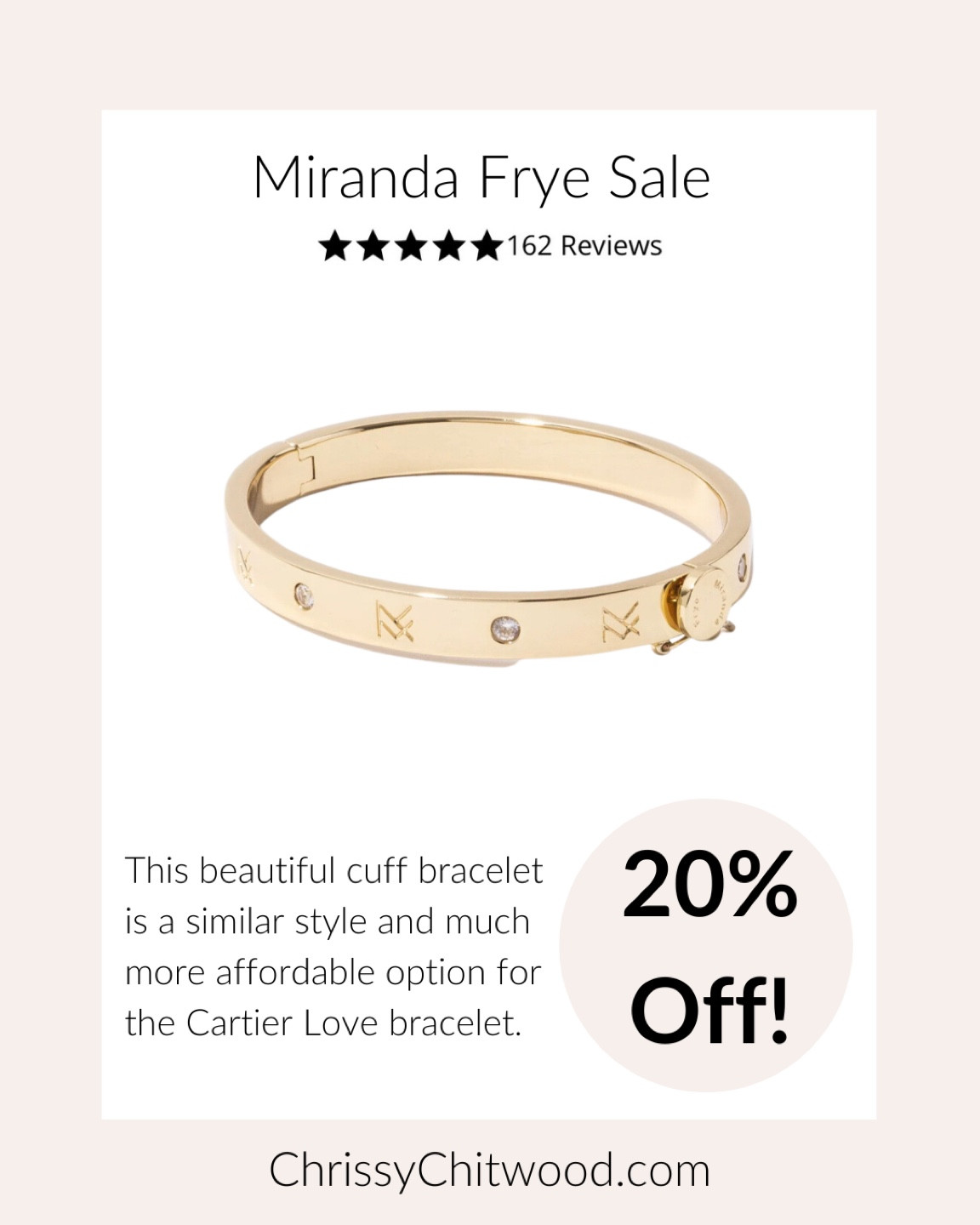 This beautiful MF cuff bracelet is a similar style much more affordable option for the Cartier Love bracelet.  

Use code MOM20 for 20% off Miranda Frye necklaces, bracelets, rings, and earrings (excludes fine jewelry)!

This jewelry would make a wonderful Mother’s Day gift. 

gift ideas, bracelet, gold jewelry

#LTKGiftGuide #LTKsalealert #LTKFind