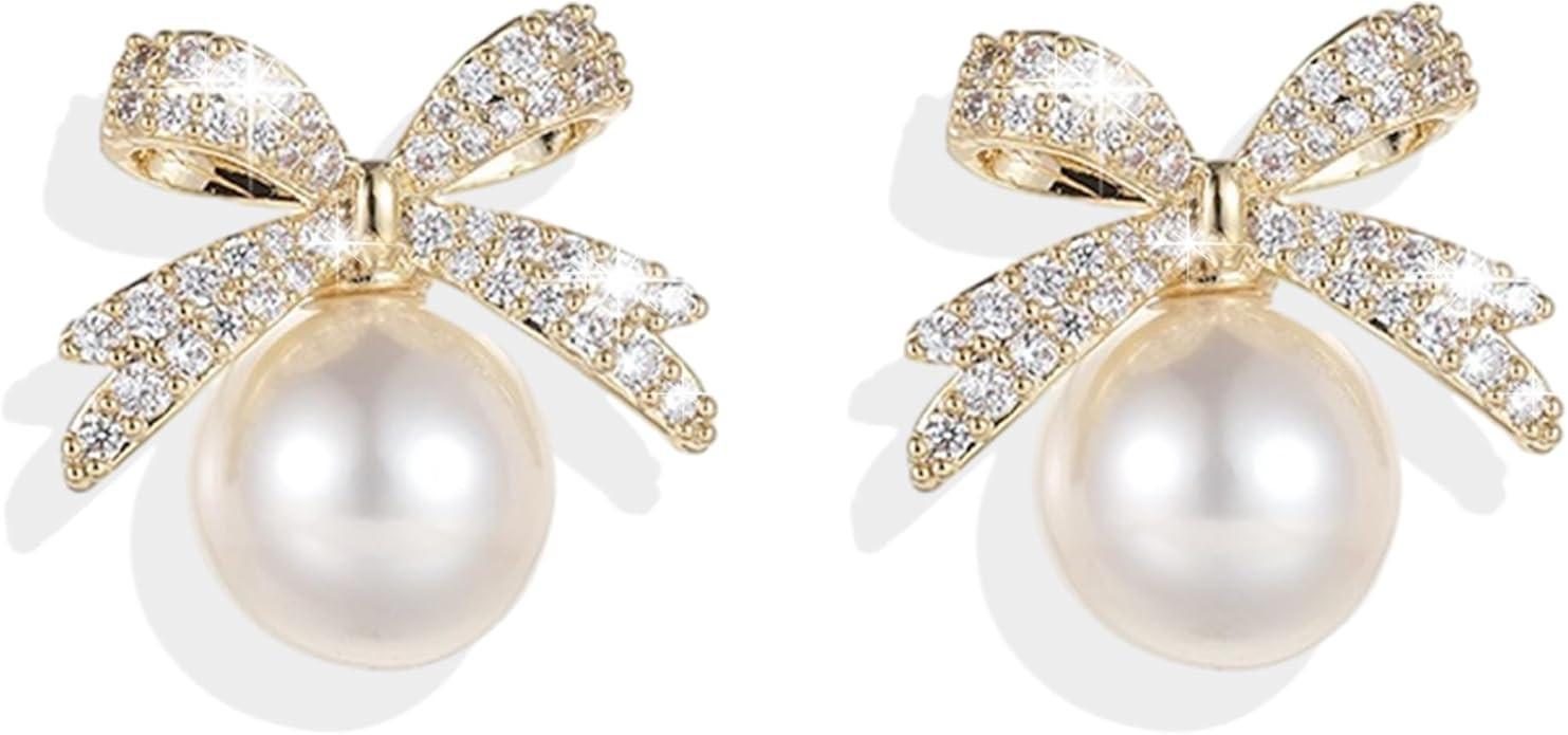 Christmas Bow Earrings Pearl Bow Earrings Dainty Bow Earrings Rhinestone Bow Stud Earrings Christ... | Amazon (US)