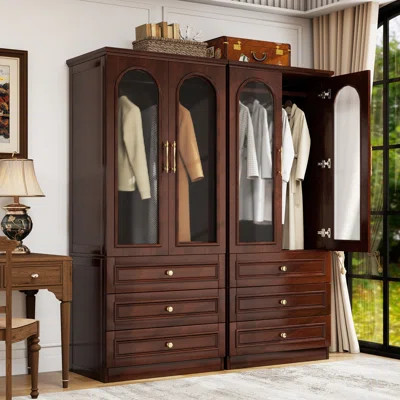 100% Soild Wood Wardrobe Armoire with Drawers, 4-Door Armoire Cabinet with 2 Hanging Rods and 6 Drawers for Bedroom, Cherry Red Finish | Wayfair North America