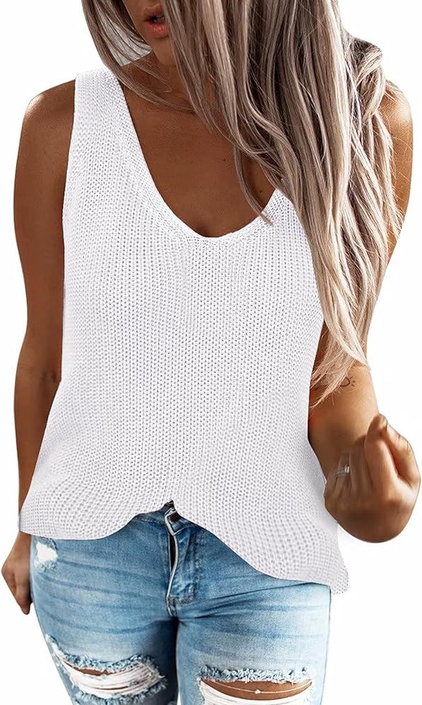Zecilbo Women's Stripes Knit Tank Top Sleeveless V-Neck Solid Color Blouse Shirts Tunics | Amazon (US)