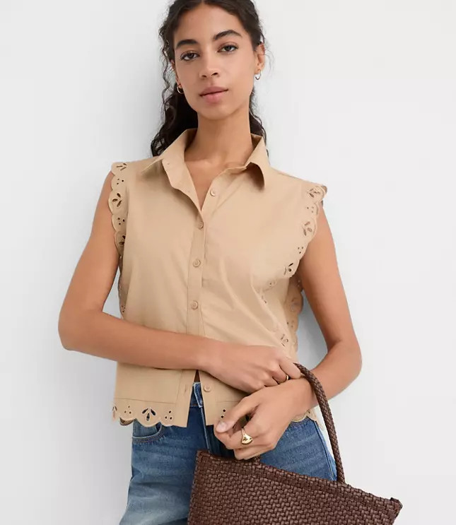 Eyelet Poplin Sleeveless Shirt | LOFT