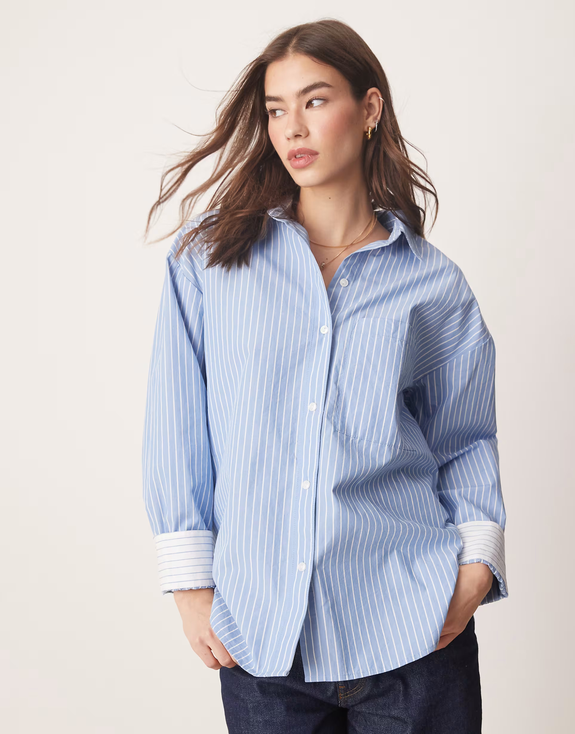 Abercrombie & Fitch long sleeve oversized poplin shirt in blue and white stripe | ASOS (Global)