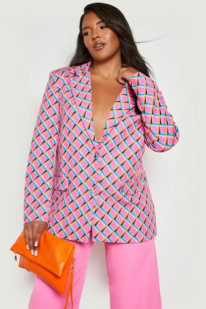 Plus Geo Print Plunge Front Tailored Blazer | Boohoo.com (US & CA)