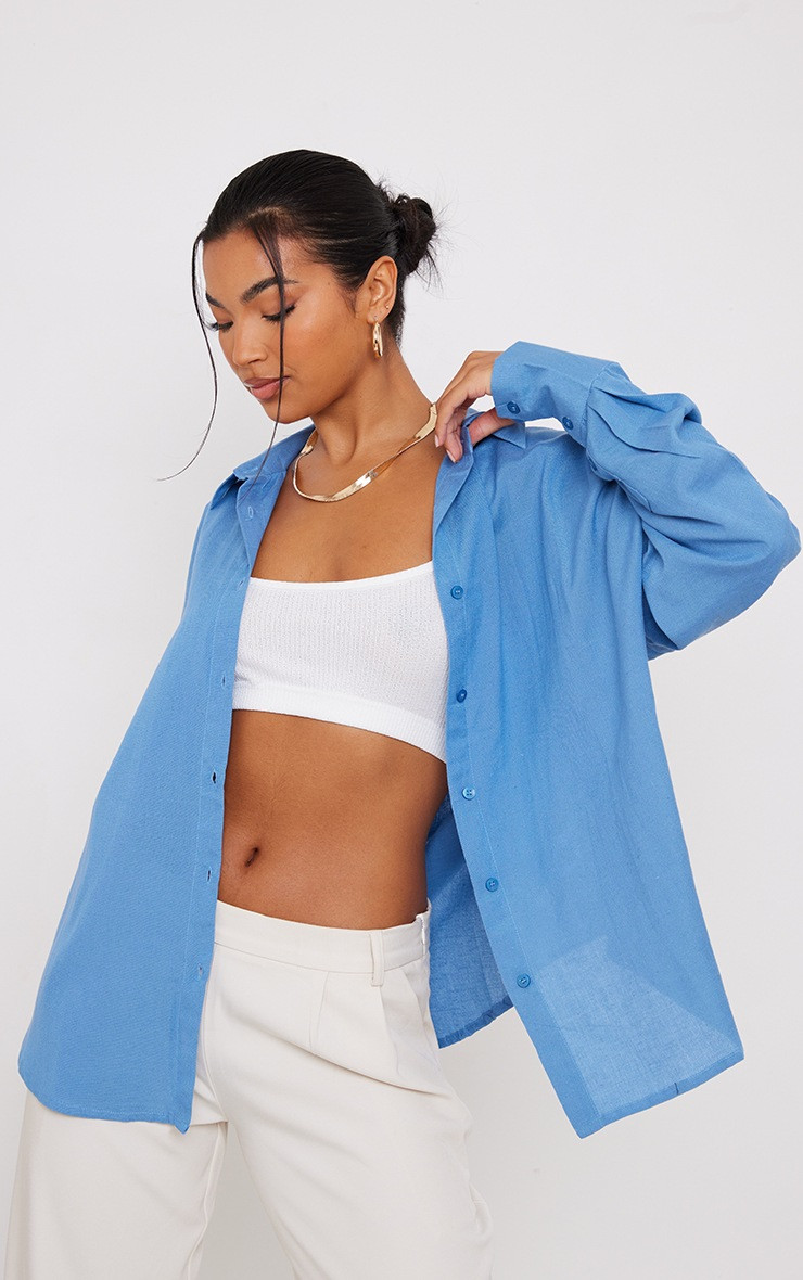 Blue Linen Feel Oversized Shirt | PrettyLittleThing UK