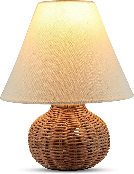 Dimmable Small Boho Table Lamp - Rattan Bamboo Woven Wicker Design with LED Bulb - Farmhouse Nigh... | Amazon (US)