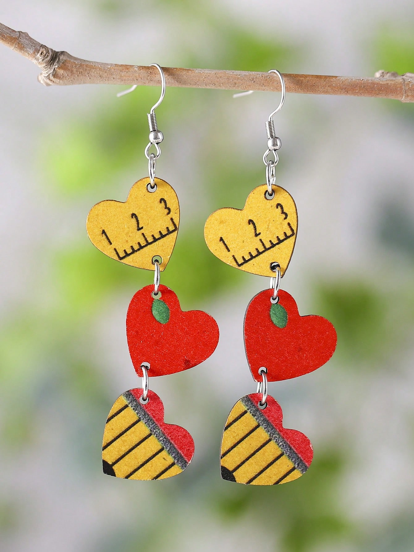 Double Sided Wooden Heart Ruler, Apple, Pencil Drop Earrings For Back to School, Graduation, Stud... | SHEIN