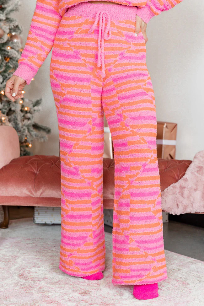 Movies and Chill Pink Orange Print Fuzzy Lounge Pants DOORBUSTER | Pink Lily