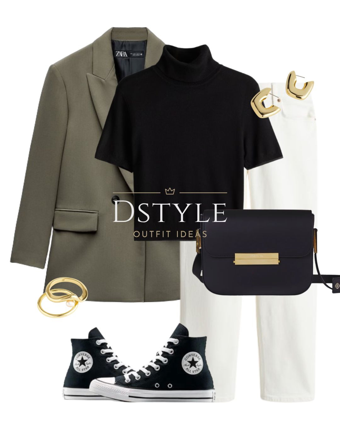 Khaki blazer, black fine knit top, white jeans, black leather bag, Converse Chuck Taylor All Star Leopard accent. 

 #LTKStyleTip #LTKWorkwear #LTKShoeCrush