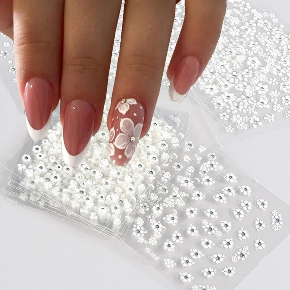 White Flower Nail Art Stickers White Flower with Rhinestones Nail Decals 3D Self Adhesive Nail St... | Amazon (US)