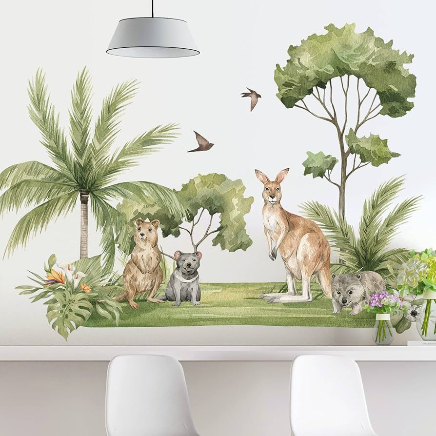 2 Sheets Coconut Tree Wall Stickers Animal Kangaroo Wall Decals Peel and Stick Tropical Forests G... | Amazon (US)