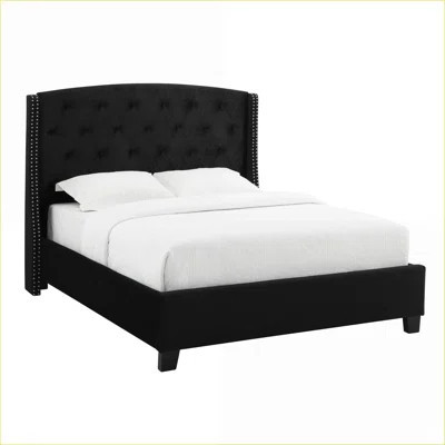 Queen Size Upholstered Fabric Bed with Button Tufting Nailhead Trim Demi-Wings Black Wooden Bedroom Furniture | Wayfair North America