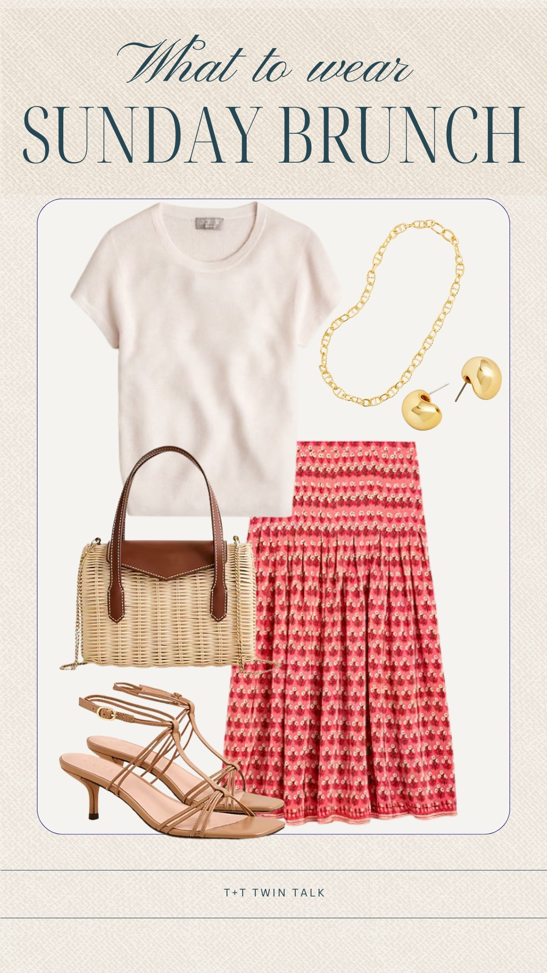 Sunday brunch outfit idea. This patterned pink skirt paired with a cashmere t-shirt is perfect for Sunday brunch!

#LTKSeasonal #LTKOver40 #LTKMidsize