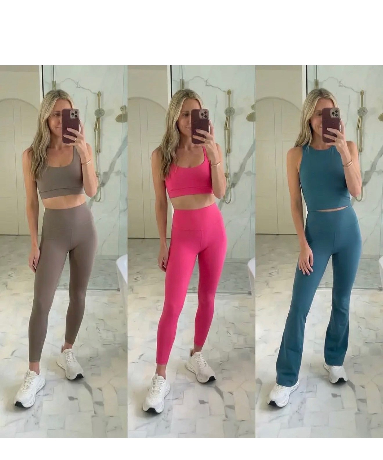 A clean, Pinterest-worthy mirror selfie collage showcasing three coordinated activewear sets in neutral and bold tones. Minimalist bathroom setting with soft natural light and marble flooring. Outfit one: taupe seamless sports bra and high-waisted leggings styled with white sneakers for an elevated neutral athleisure look. Outfit two: vibrant pink matching sports bra and leggings delivering an energetic, confident workout aesthetic. Outfit three: deep teal fitted tank and flared leggings creating a flattering, sculpted silhouette. Effortless athleisure styling, sleek silhouettes, modern fitness fashion, balanced composition, clean lines, everyday workout-to-errands style, chic and functional activewear inspiration.

HASHTAGS
#athleisurewear #pinterestfashion #workoutstyle #activewearinspo #amazonactivewear #neutralstyle #pinkactivewear #fitnessfashion #everydayathleisure #gymoutfit #cleanstyle #modernwardrobe #casualchic #activewearlooks #pinterestoutfits #comfortableandcute

#LTKActive #LTKGiftGuide #LTKSeasonal