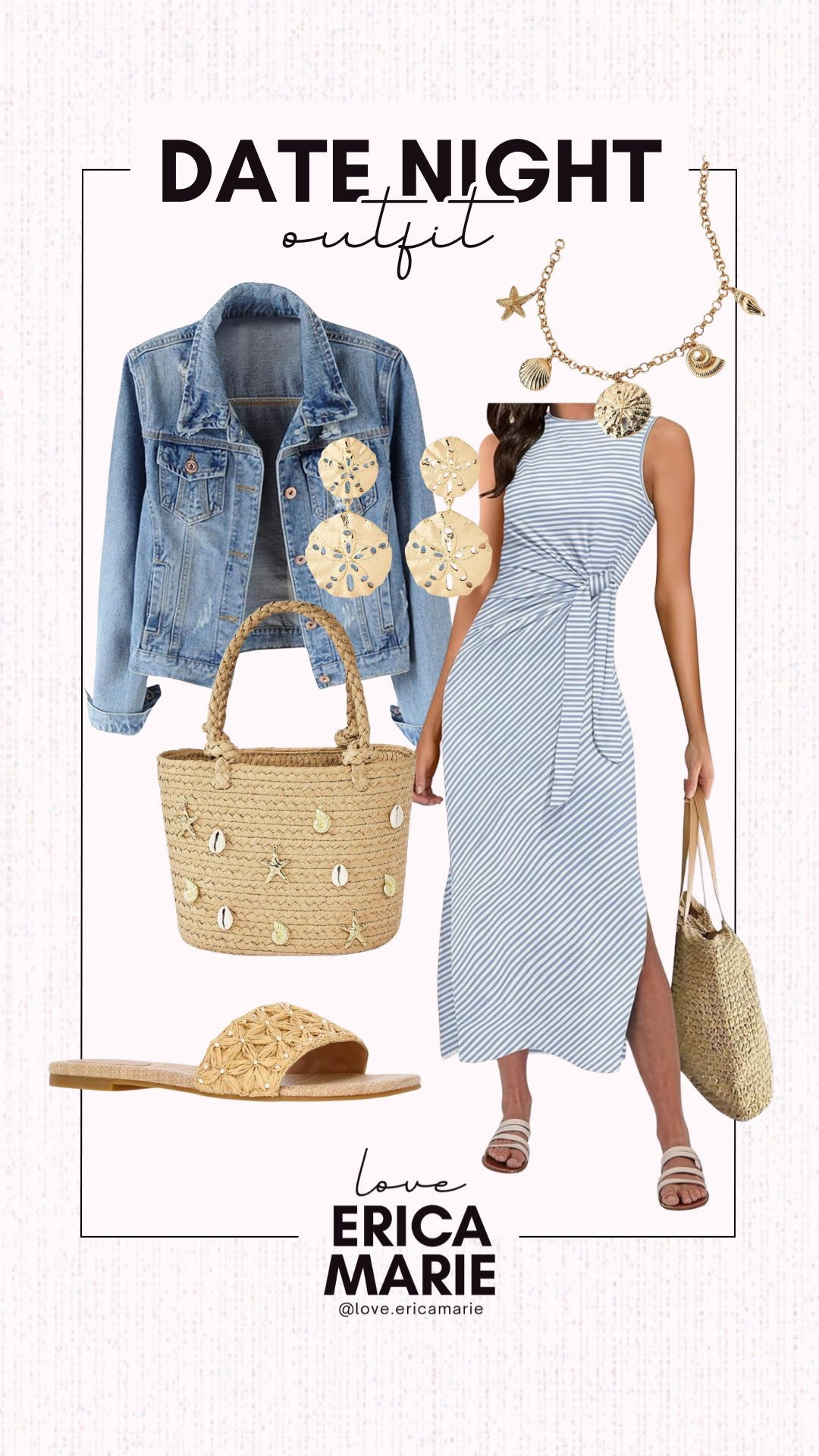 I know I say I’m not a “dress” person, but this adorable midsize friendly striped dress makes me rethink that (slightly). This dress is so versatile, but I really love it for a warmer weather date night. Paired with these rattan sandals and beach themed accessories it’s stunning for a spring or summer evening. The faux wrap conceals my midsection and the dress is simply flattering, overall. 
Seashell handbag

#LTKMidsize #LTKOver40 #LTKSeasonal