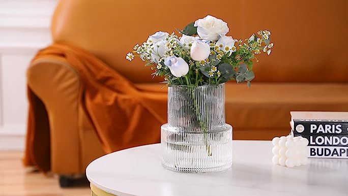 YANWE1 Clear Glass Vase, Ribbed Vase, Fluted Glass Vase, Flower Vase, Modern Vase for Centerpiece... | Amazon (US)