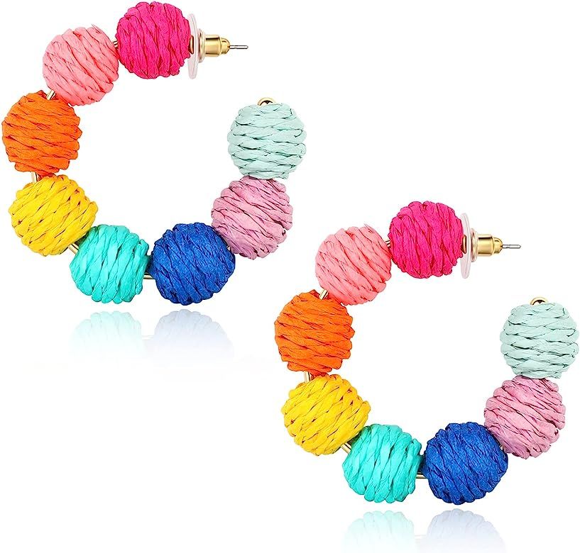 Raffia Hoop Earrings for Women Boho Colorful Rainbow Beaded Earrings Bohemian Statement Rattan Earri | Amazon (US)