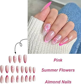 Pink French tips Press on Nails Medium Almond Fake Nails with Design Pink Flower Glue on Nails Gl... | Amazon (US)