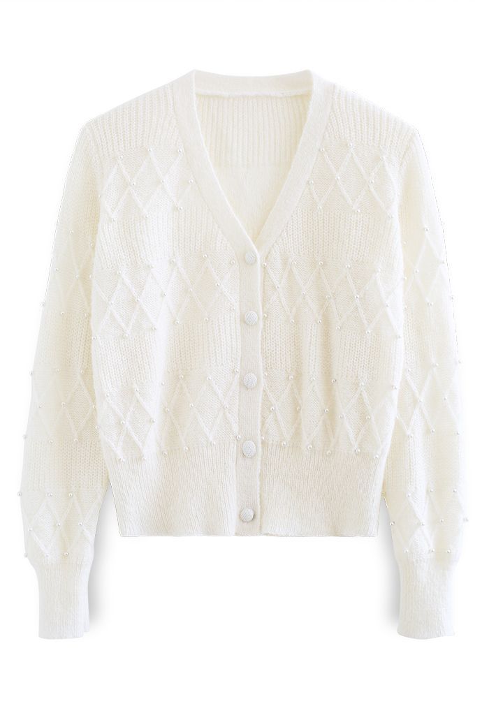 Diamond Texture Pearl Decor Knit Cardigan in White | Chicwish