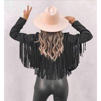 Almost Sold Out // Bestseller Vegan Suede Moto Fringe Jacket Black | Etsy (US)