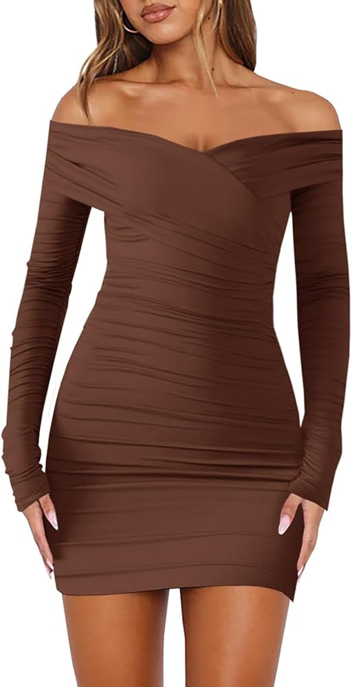 Nsbonu Women's Sexy Off The Shoulder Long Sleeve Bodycon Ruched Cocktail Party Mini Dresses | Amazon (US)