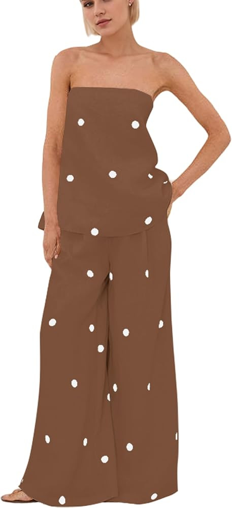 Women Polka Dot 2 Piece Outfits Spot Strapless Tube Top High Waist Wide Leg Pants Casual Lounge S... | Amazon (US)