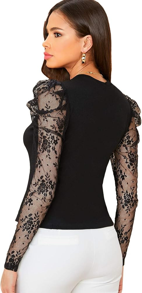 SheIn Women's Dot Mesh Round Neck Puff Sleeve Skinny Blouses Top | Amazon (US)