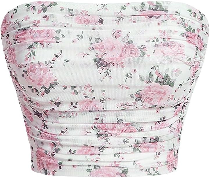 MakeMeChic Women's Boho Ditsy Floral Print Crop Tube Top Ruched Sleeveless Slim Fit Cropped Bande... | Amazon (US)