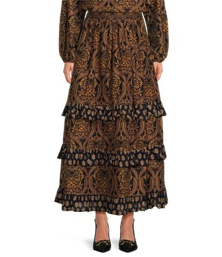 Damask Print Voile High Rise Ruched Tiered Ruffle Flounce Maxi Coordinating Skirt | Dillard's
