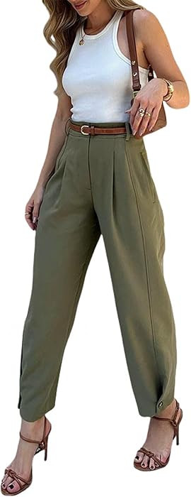 QIAOZHI Women's Elegant High Waist Pants with Belt, Casual Straight Leg Trousers for Work & Daily Wear | Amazon (US)
