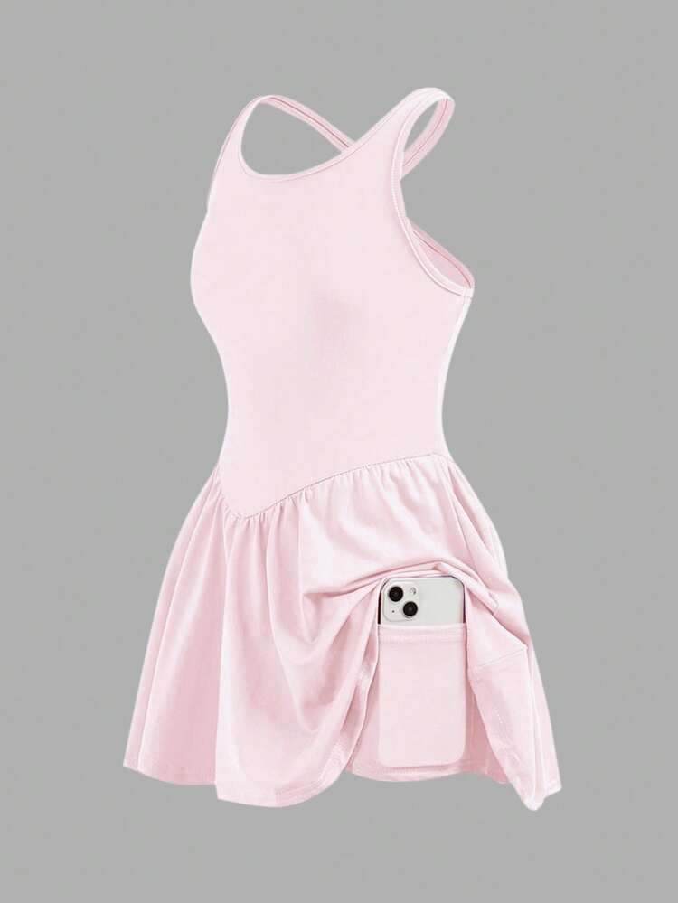 Tween Girls' Casual Solid Color Criss-Cross Racerback Sports Dress,Kids | SHEIN