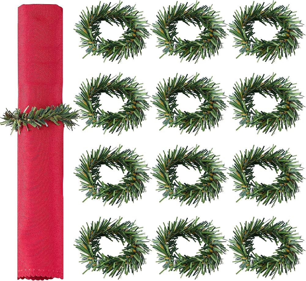 Christmas Napkin Rings Set of 12 - Small Artificial Pine Needles Wreath Napkin Holder, Christmas ... | Amazon (US)