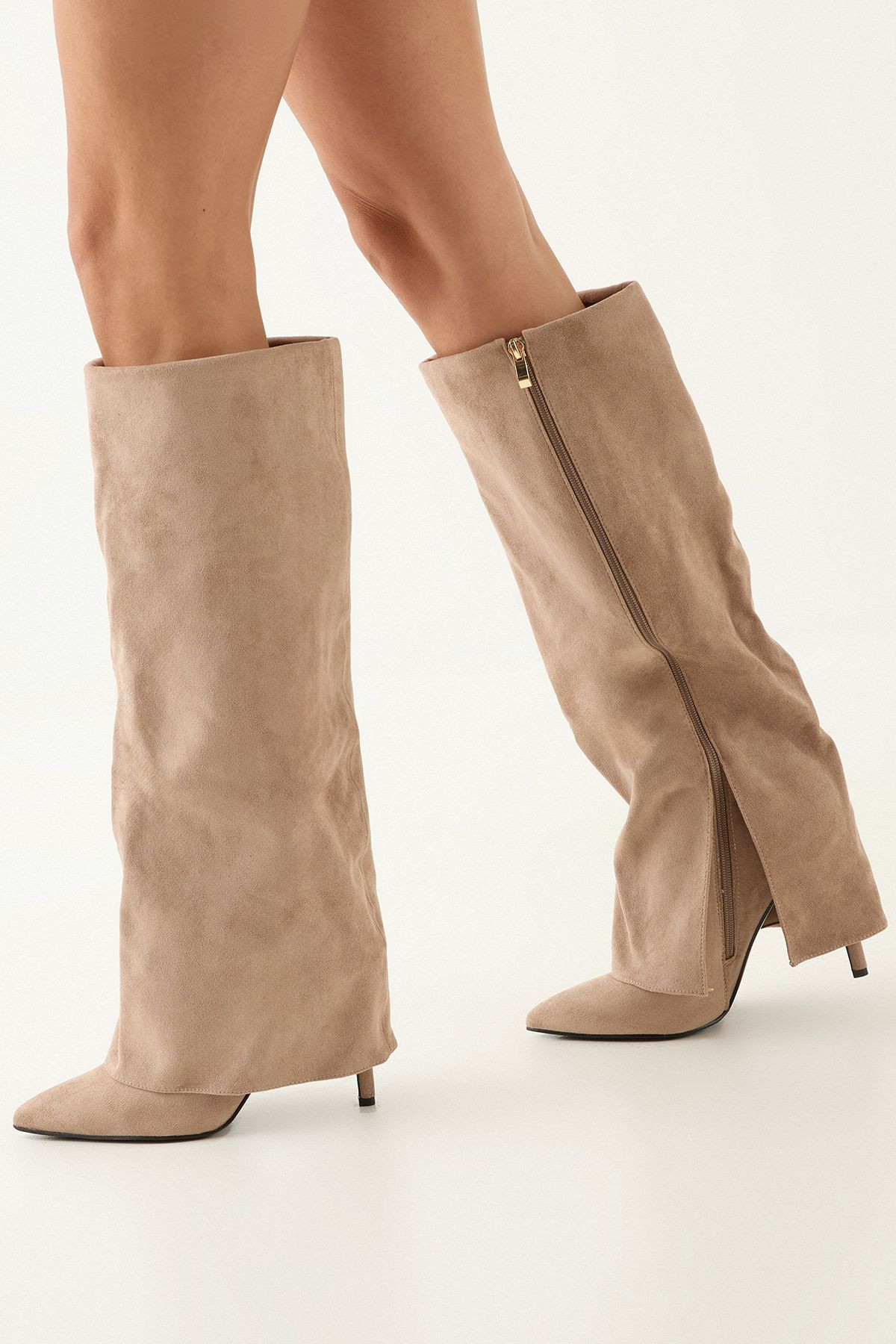 MissPap Faux Leather Sleeve Pointed High Stiletto Heel Knee Boots Beige | PrettyLittleThing UK