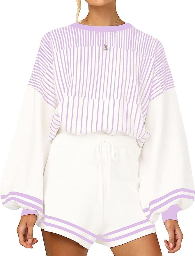 Yimoon Women' s Striped 2 Piece Sweater Set Knit Outfits Long Sleeve Pullover Sweater Shorts Set ... | Amazon (US)
