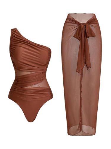 SHENHE Women's One Piece Swimsuit with Cover Up Sarong Wrap One Shoulder Mesh Bathing Suit Brown Medium | Amazon (US)